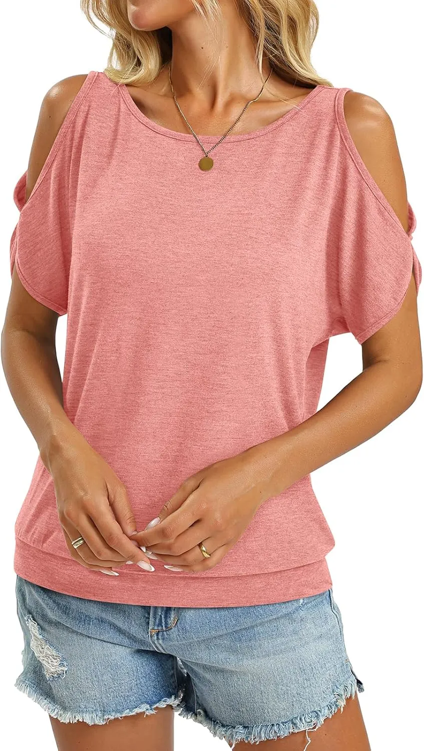 Womens Cold Shoulder Tops Banded Bottom Boat Neck T Shirts Summer Sexy Casual Loose Fit Blouse 2025
