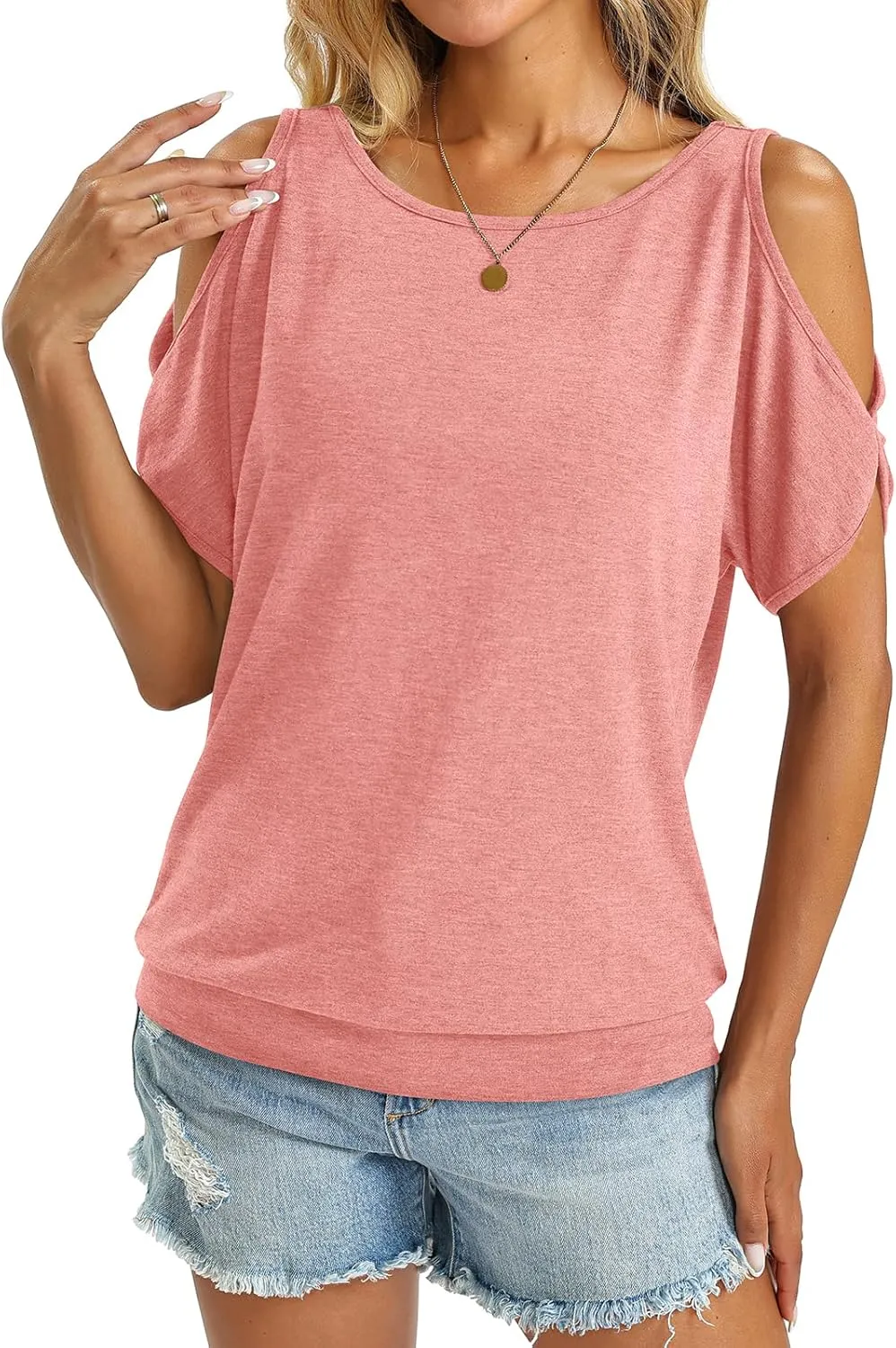 Womens Cold Shoulder Tops Banded Bottom Boat Neck T Shirts Summer Sexy Casual Loose Fit Blouse 2025