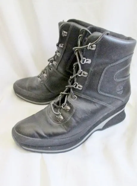 Womens TIMBERLAND 89395 Leather Ankle BOOT BLACK 8 Bootie Wedge Heel Steampunk Shoe